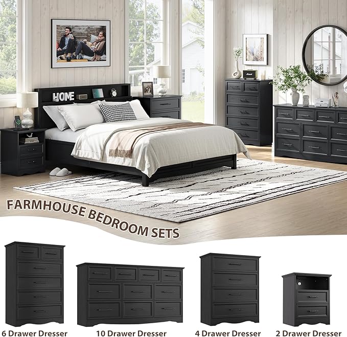 Farmhouse Nightstand with Charging Station, Black Wood Bedside Table & End Table with 2 Drawers and Unique Base Design, Side Table Storage Cabinet with Metal Handles for Bedroom, Living Room