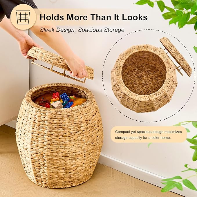Round Wicker Basket with Lid, Handwoven Water Hyacinth Storage Basket, Blanket Organizer Basket for Laundry, Bathroom, Bedroom, Living Room, Office
