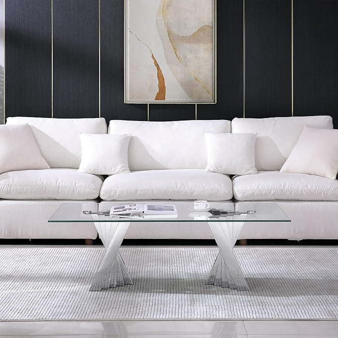 Goujxcy Modern Glass Coffee Table 51" Silver Center Table with Tempered Glass Top and Mirror Finish Stainless Steel Legs, Luxury Rectangular Coffee Table for Living Room Apartment (Silver)