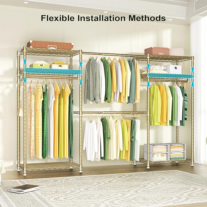 Ulif E1 Heavy Duty Closet Garment Rack, 6 Tiers Adjustable Metal Freestanding Expandable Clothing Storage with 4 Hanger Rods, Easy to Assemble Wardrobe, 71.4" H x (70" - 88.2") L x 14" D, Gold