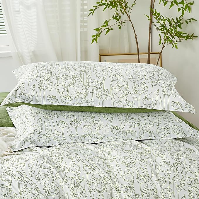 SAPHREAS Sage Green Floral Duvet Cover Set Queen Size 3pcs Blossom White Botanical Bedding Comforter Cover Set 100% Cotton 1 Duvet Cover 90"x90" 2 Pillow Shams, Comforter Not Included