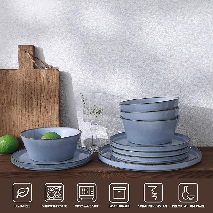 Famiware Annecy Dinner Plates and Bowls Sets, Stoneware Dinnerware Sets, Dishes Set for 6, 18 Pieces Handmade Dishware Set - Microwave & Dishwasher Safe, Double Reactive Glaze Tableware, Reactive Blue