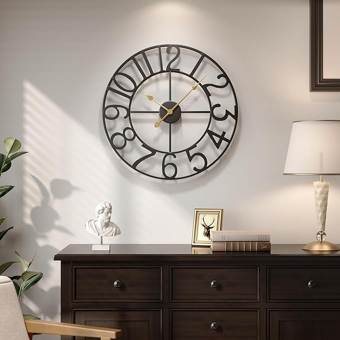 Large Wall Clock, 24 Inch Black Decorative Wall Clock for Living Room, Modern Metal Battery-Operated Arabic Numerals Round Clocks Silent Non Ticking for Kitchen Mantel Bedroom Office