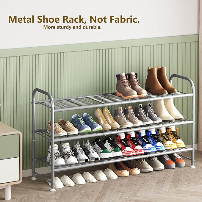 LINZINAR Shoe Rack 3 Tier Long Metal Shoe Organizer for Closet Entryway Grey