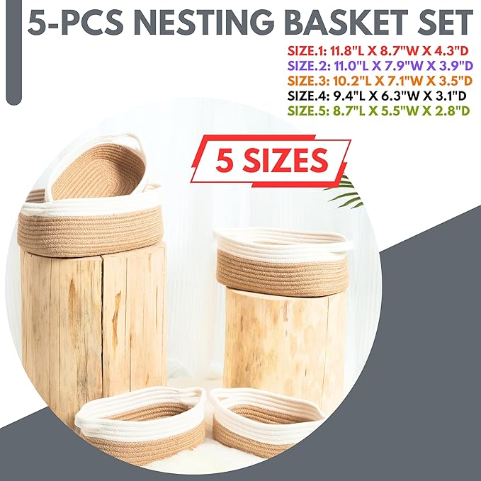 MINTWOOD Design 5-Piece Small Decorative Woven Storage Baskets Set for Shelves, Bathroom, Pantry and Nightstand Organizer, Catch All Tray with Handles for Organizing Gifts, Dog and Cat Toys, Jute