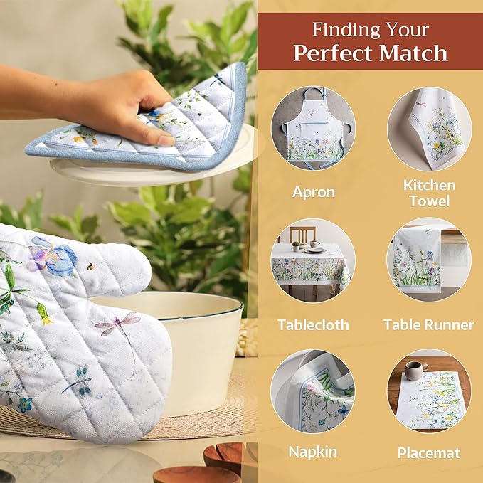 Maison d' Hermine Pot Holders Set 100% Cotton Heat Resistant Potholders 8" x 8" Hot Pads with Loop BBQ, Cooking, Baking, Grilling, Kitchen, Handling Hot Pans Spring/Summer (Pack of 2, Fleurs De Mai)