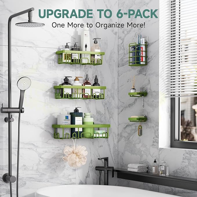 Veken Rustproof & Waterproof Shower Caddy 6-Pack, No Drilling Adhesive Shelves Rack with Soap Holder, Large Capacity Bathroom Organizers and Storage, Wall-Mounted Kitchen & Home Decor
