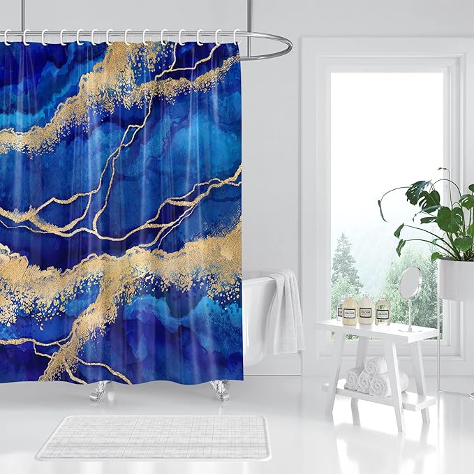 Marble Shower Curtain, Blue Marble Shower Curtain Set, Abstract Luxury Navy Blue Gold Glitter Veins Texture Marble Shower stall Curtain for Bathroom, Waterproof Fabric with 12 Hooks, 72 x 72 inches