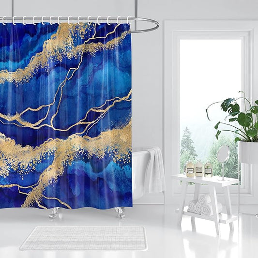Marble Shower Curtain, Blue Marble Shower Curtain Set, Abstract Luxury Navy Blue Gold Glitter Veins Texture Marble Shower stall Curtain for Bathroom, Waterproof Fabric with 12 Hooks, 72 x 72 inches