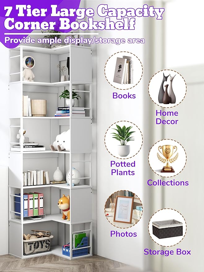 7 Tier Corner Bookshelf 74 Inches Tall Corner Bookcase Industrial L Shaped Book Shelf with Metal Frame Display Rack Storage Organize for Home Office,Living Room,Bed Room (White)