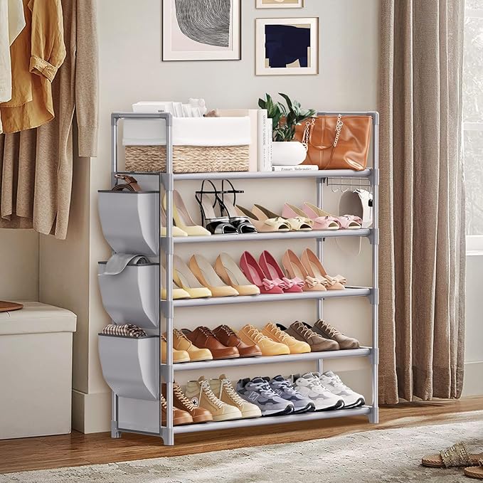 Shoe Rack for Closet Shoe Organizer Space Saver Storage for 20-25 Pair Shoe Shelf with Hook and Side Pocket Free Standing 5 Tier Shoe Rack Organizer for Entryway,Small Spaces, Grey