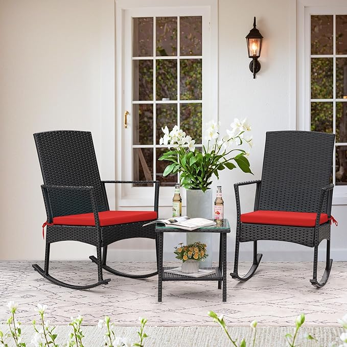 Flamaker Rocking Chair Outdoor PE Rattan Patio Chairs with Glass Table High Back Porch Rocker for Balcony, Garden, Backyard (Red)