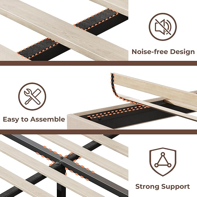 King Size Bed Frames with Upholstered Headboard, Modern Platform Bed with Charging Station and Led Lights, Bed Frame with Sturdy Wooden Slats/No Box Spring Needed/2-Tier Storage, Beige