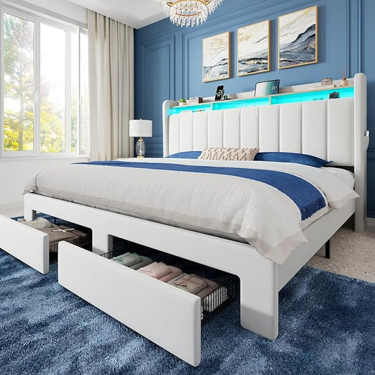 Allewie Velvet Vertical Tufted King Size Upholstered Platform Bed Frame with 2-Tier LED Storage Headboard & 2 Storage Drawers, USB & Type-C Charging Ports, Noise-Free/No Box Spring Needed, White