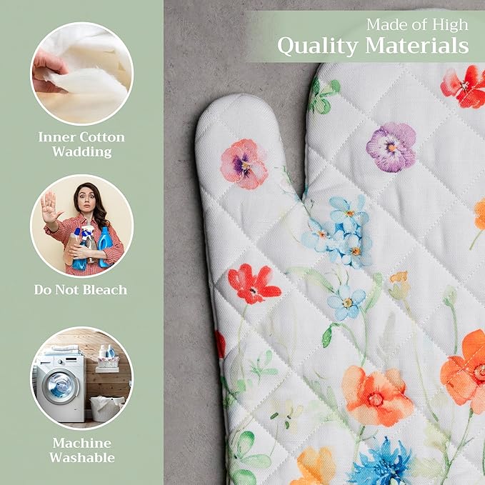 Maison d' Hermine Oven Gloves 100% Cotton Oven Mitt 7" x 13" with Loop Heat Resistant, BBQ, Cooking Gloves, Baking, Grilling, Kitchen, Handling Hot Pans Spring/Summer (Pack of 1, Summer Whisper)