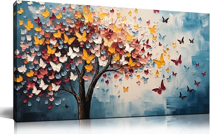 Butterfly Tree Canvas Wall Art for Living Room Bedroom Home Office Blue Colorful Tree of Life Wall Art Modern Large Framed Canvas Prints Size 20x40