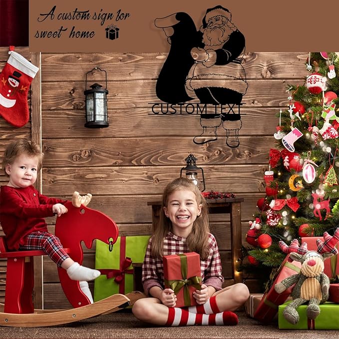 Personalized Christmas Santa Claus Metal Sign, Custom Name Santa Claus Metal Sign Wall Decor, Merry Christmas Holiday Wall Decoration for Home Living Room, Bedroom, Office, Garden, Porch