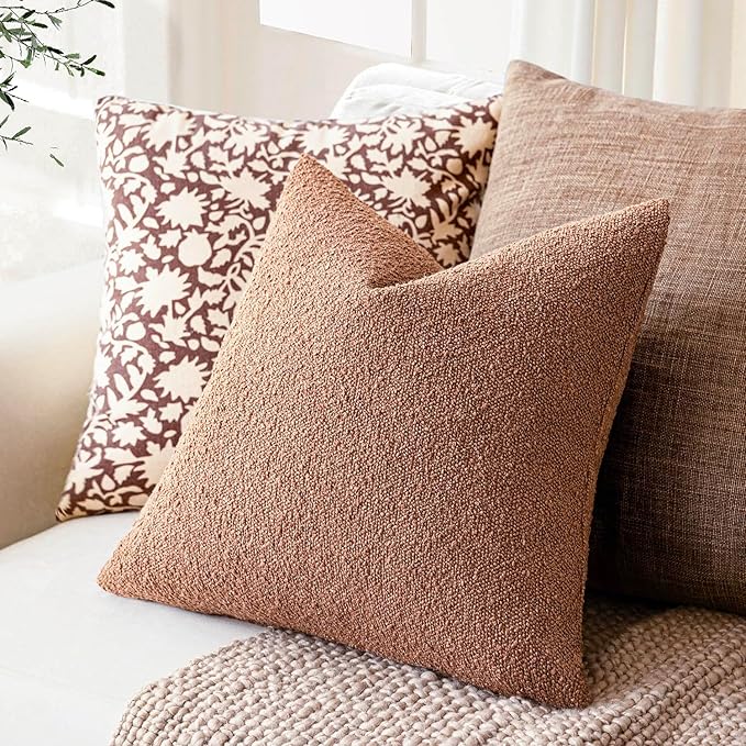 Foindtower Set of 2, Decorative Textured Boucle Throw Pillow Covers Accent Solid Pillow Cases Neutral Couch Cushion Case for Chair Sofa Bedroom Living Room Home Decor 24x24 Inch Dusty Orange Hazel