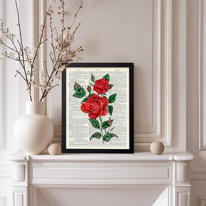 Poster Master Dictionary Art Poster - Red Roses Print - Flower Art - Floral Art - Gift for Men, Women & Florist - Minimal Decor for Living Room, Bedroom, Dorm or Flower Shop, 8x10 Black Framed