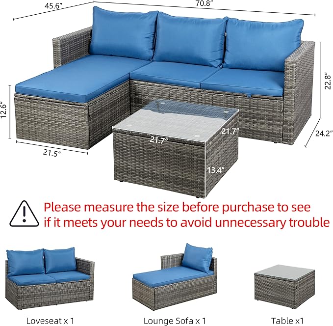 Shintenchi Outdoor Patio Furniture Sets, Small Outdoor Sofa Patio Sectional Sets 3-Piece All Weather Wicker Rattan Patio Seating Sofas with Glass Coffee Table and Cushion (Blue)