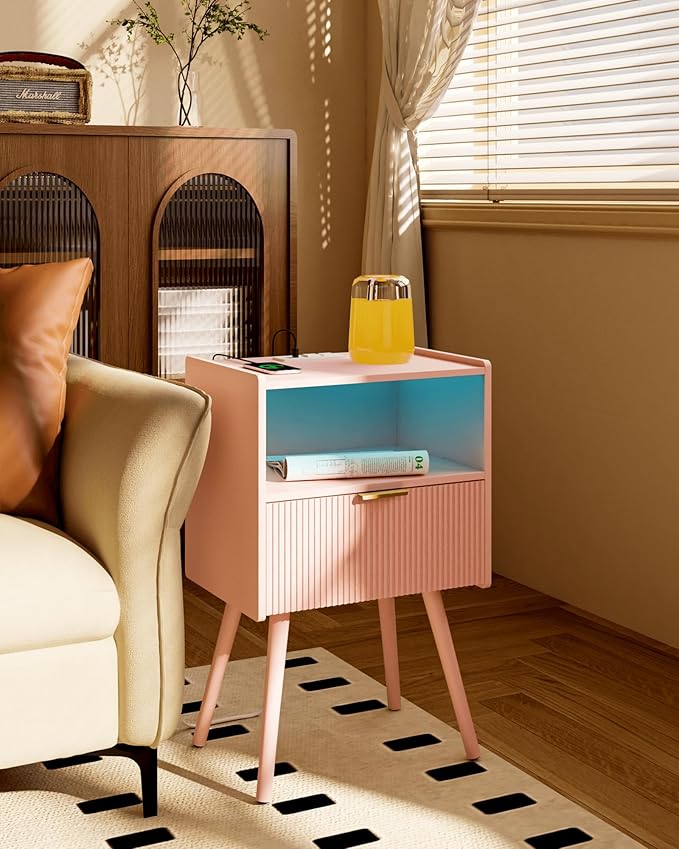 Pink Nightstand, Modern Bedside Table with Charging Station and LED Lights