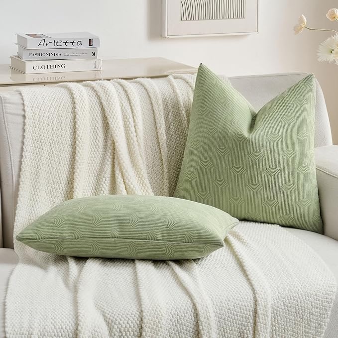 FUTEI Sage Green Chenille Decorative Throw Pillow Covers 26x26 Inch Set of 2,Soft Cozy Striped Geometric Patterns Euro Pillow Sham,Modern Home Decor for Couch Bed Living Room