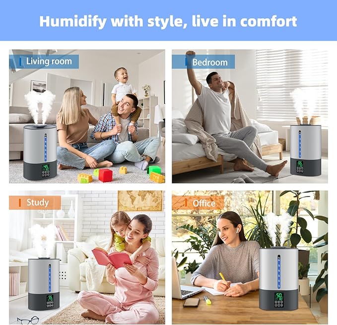 6L Humidifiers for Bedroom Large Room Home, Cool and Warm Humidifiers for Baby and Plants Mist Top Fill Desk Humidifiers Essential Oil Diffuser, Quiet with Adjustable Mist,360°Nozzle-Grey