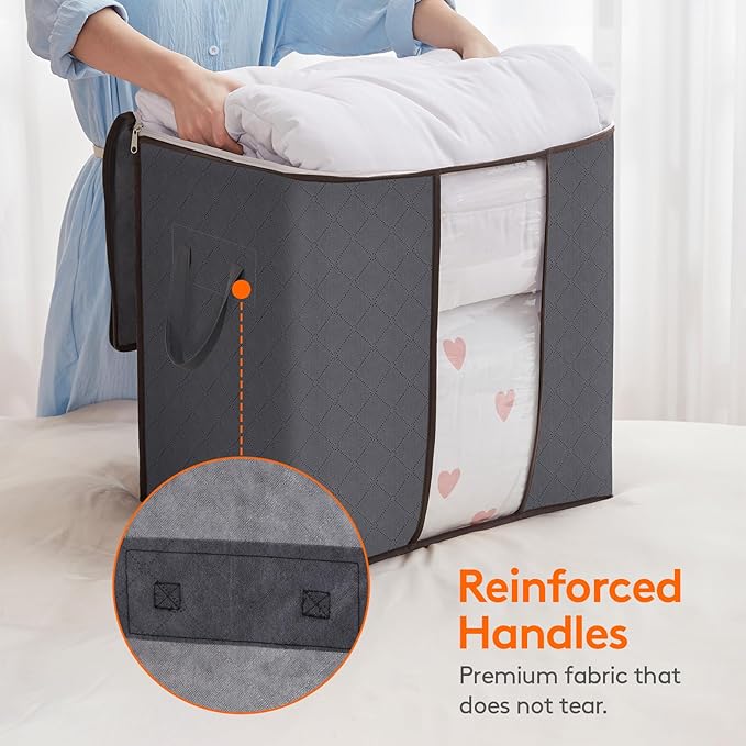 Lifewit 3 Pack Clothes Storage Bins with Lids, Foldable Blanket Storage Bags with Zippers, Clear Window and Reinforced Handles, Closet and Organization for Clothing, Sweater, Comforter, Bedding, Gray