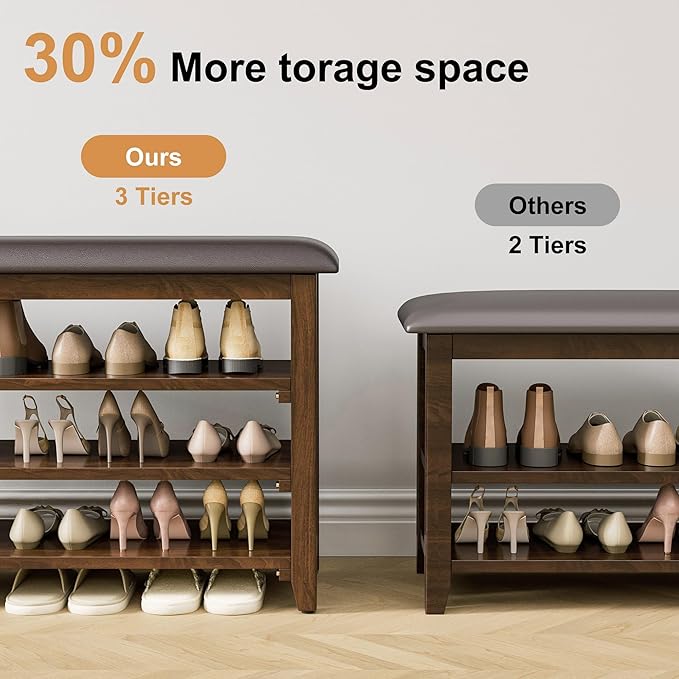 Shoe Bench Storage Rubberwood with Leather Cushion, Entryway Bench with 3-Tiers Height Adjustable, Shoe Rack Front Doors Entrances for Hallway Living Room,Mudrooms (Brown,39.4")