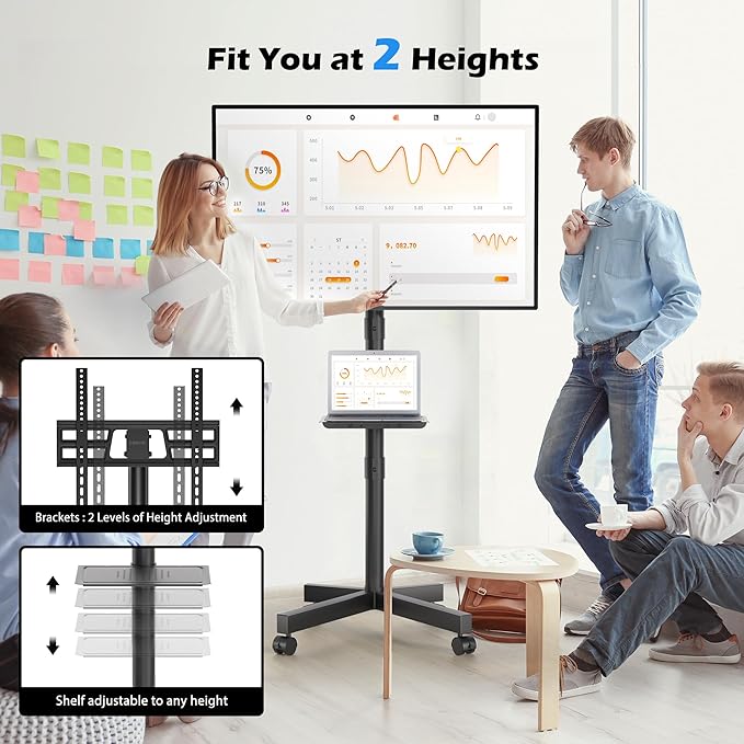 BONTEC Mobile TV Stand with Tilt Function, Rolling TV Stand for 23-60" LED, LCD, OLED TVs, Holds up to 88lbs, Max VESA 400x400mm, Adjustable Media Shelf, TV Cart for Living Room, Bedroom, Office