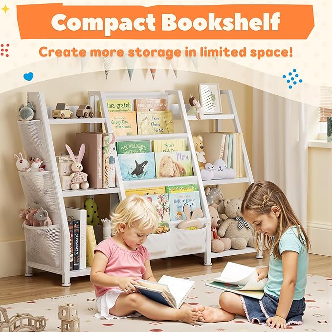 Kids Bookshelf Large Storage Bookcase: 3-Tier White Book Sling Shelf Toy Organizer for Toddler - Display Rack with 3 Pockets for Kids Rooms, Bedroom, Playroom, Nursery (Wood + Metal)
