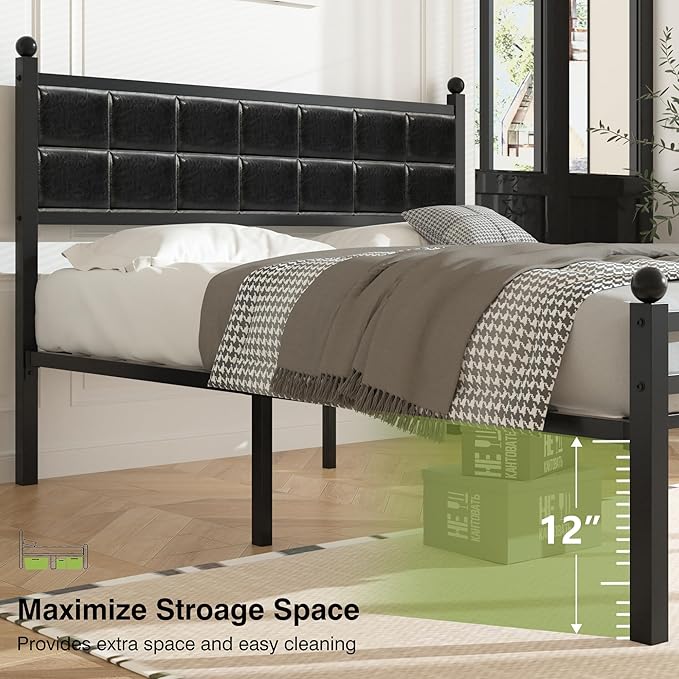 VECELO Full Metal Bed Frame, Faux PU Leather Platform Beds with Upholstered Headboard and Footboard, Strong Slats Support, 12" Underbed Storage, Noise-Free, No Boxing Spring Needed, PU Black