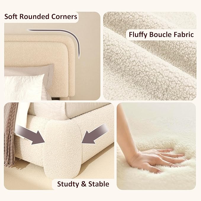 Queen Boucle Platform Bed Frame with Height Adjustable Headboard, Modern Upholstered Cloud Bed, Sleek Curved Design, No Box Spring Needed, Noise Free, Easy Assembly, Beige