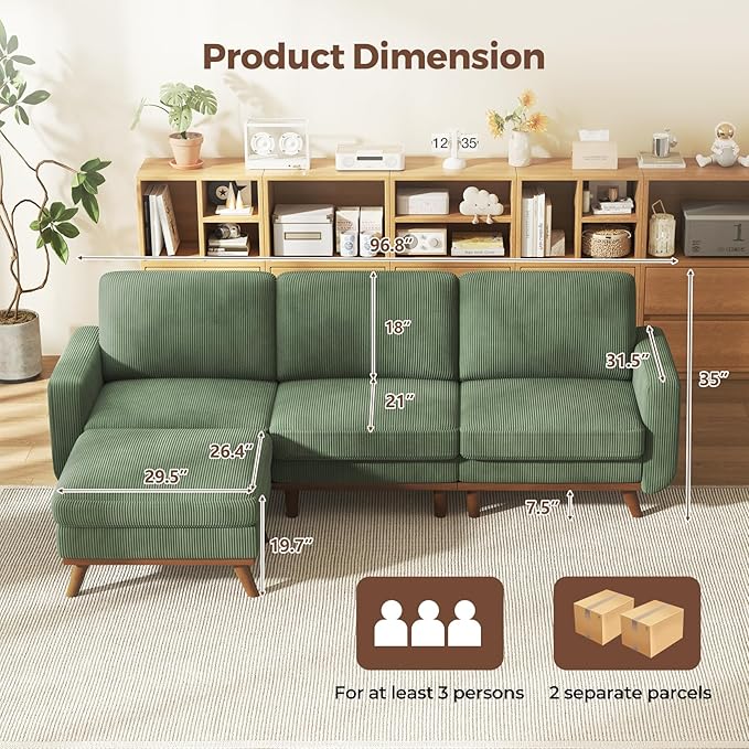 Vesgantti 97" Modular Sectional Sofa Green, L-Shaped Couch with Movable Ottoman, Comfy Corduroy Couch with Spring Cushion, Modular Sofa with Deep Seat for Living Room, Bedroom and Apartment