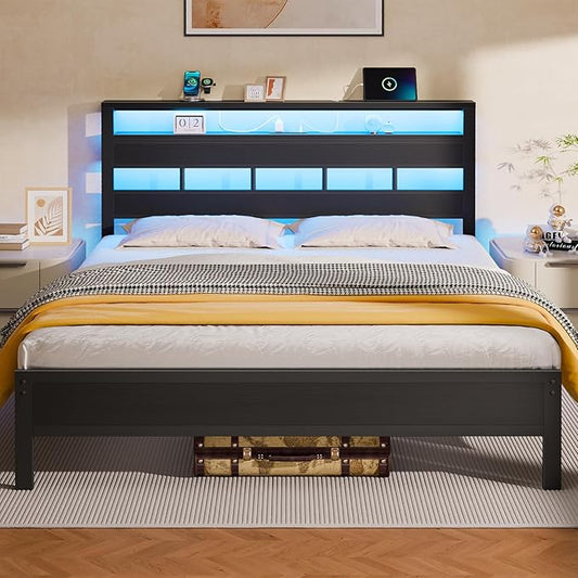 Furnulem Queen Bed Frame with Storage Headboard and LED Lights, Metal Bedframe with Charging Station and USB Port, Queen Size Platform Bed with Heavy Duty Slats, No Box Spring Needed, Black Oak