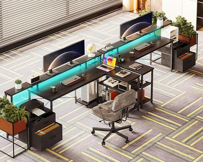 ODK L Shaped Desk with File Drawer, 75" Reversible L Shaped Computer Desk with Power Outlet & LED Strip, Office Desk with Storage Shelves, Gaming Desk with Monitor Shelf, Corner Desk, Black