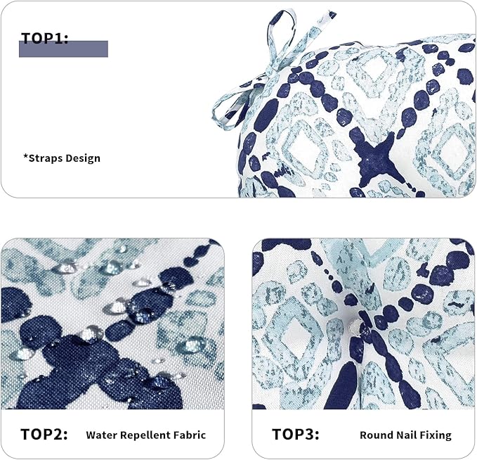 Set of 2 Outdoor Tufted Chair Cushions 19"x19"x4", Water Repellent Patio Seat Cushions with Ties, Replacement Chair Pads for Wicker Dining and Patio Furniture - Boho Geometry Blue