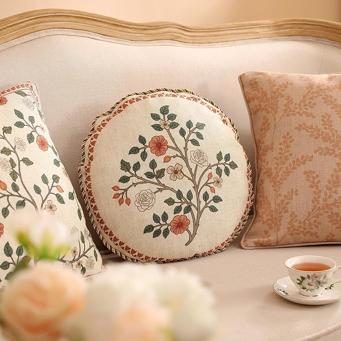 Design Linen Classic Throw Pillow Covers Diameter 16" Pack of 2, French Farmhouse Round Cushion Covers with Orange White Floral Pattern Decor Pillowcases for Bed,Living Room,Outdoor,Car