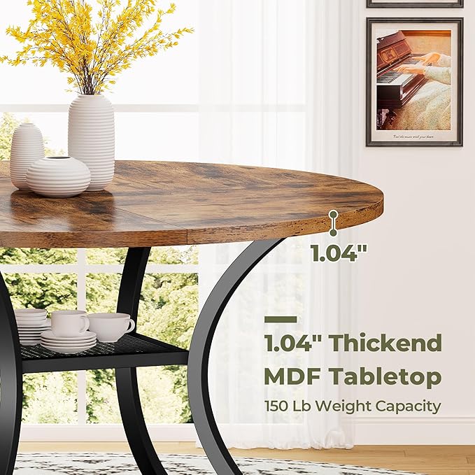 IRONCK 47.2" Round Dining Table for 4, Wood Kitchen Table with Storage Shelf for Dining Room, Dinner Table with Wooden Tabletop and Metal Base, Rustic Brown