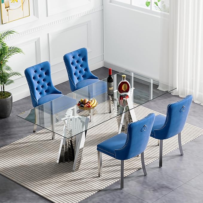 Goujxcy Modern 5 Piece Glass Dining Table Set Luxury Glass Kitchen Table and Chair Set for 4, 70" Large Rectangular Dining Room Table with 4 Tufted Chairs and Stainless Steel Legs (Silver & Blue)