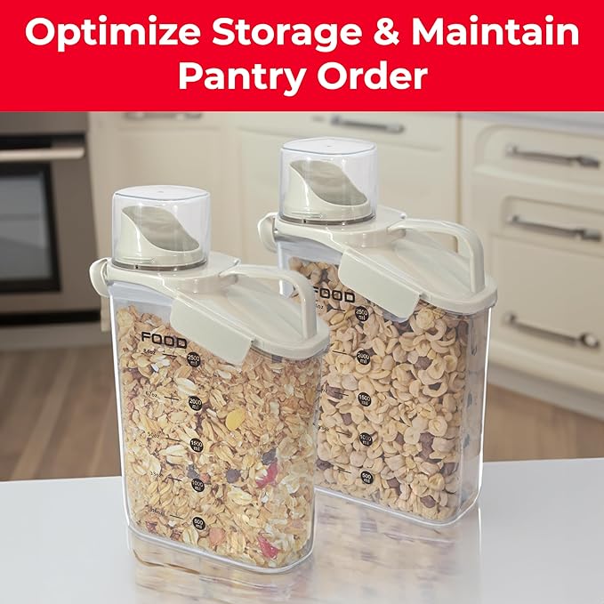 Two Pack Food & Cereal Storage Container - 2.6L Airtight Plastic Kitchen Organizer Bin with Pouring Spout, Measuring Cup Lid, Ideal for Dry Food, Rice, Sugar, Pet Food dispenser - BPA free