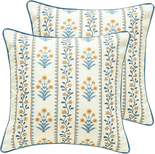 Design Square Simple Elegant Linen Throw Pillow Covers 18"x18" Pack of 2, Blue Yellow Floral Pattern Cushion Covers Decor Pillowcases for Bed,Living Room,Outdoor,Car