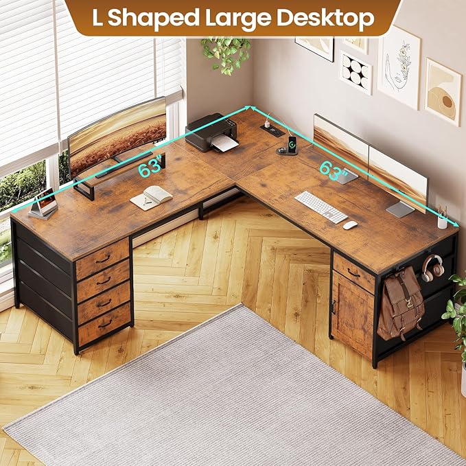 SEDETA L Shaped Desk, 63" Computer Desk with 5 Drawer & Power Outlet, Long Home Office Desk or Corner Desk, L Shaped Corner Desk with Monitor Shelf, Storage Cabinet, Rustic Brown