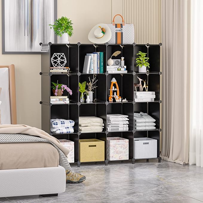 Neprock 16 Cubby Storage Organizer, Closet Clothes Storage Organizer, Cube Shelves Closet Organizers and Storage Shelves for Clothing Storage with Hammer, Bookshelf for Kids（Black）