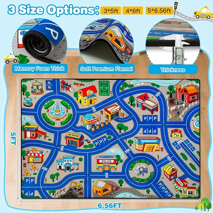 Road Car Rug, 5x7 Ft City Road Rug for Kids, Extra Thick (0.4in) Kids Floor Play Mat and Car Carpet with Realistic Colors - Perfect for Children, Soft and Non-Slip for Playroom and Bedroom
