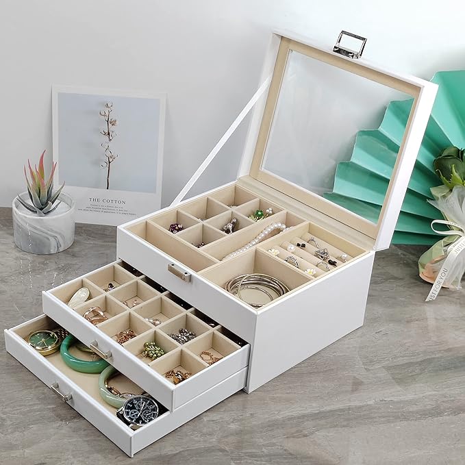 BOOVO Clear Lid Jewelry Box,3 Layers Jewelry Organizer Large Multi-Functional Jewelry Storage Box with 2 Drawers,Jewelry Display Case of Rings Earrings Necklace Bracelets for Women Girls (White)