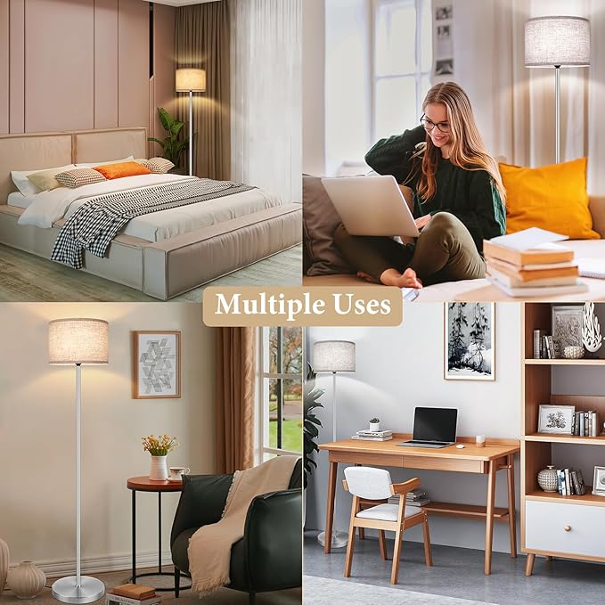 65‘’Modern Simple Floor Lamp Foot Switch, Silver Standing Lamp for Living Room with 3-Color Changing LED Bulb, Dimmable LED Floor Light for Bedroom Kid Office, Stand Up Lamp with Linen Shade, E26 Base
