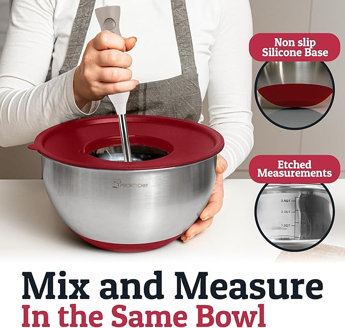 Priority Chef Stainless Steel Mixing Bowls with Lids Set, 3 Grater Attachments, Airtight Lids, Non-Slip Silicone Base Mixing Bowl Set, Large Prep Metal Mixing Bowls for Kitchen, Green