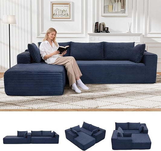 105" Cloud Sectional Couch with L-Shape Chaise,Modern Modular Sofa with Deep Seat, Fluffy Boneless Couches for Living Room Bedroom,No Assembly Required, Dark Blue (Plush Flannel Fabric)