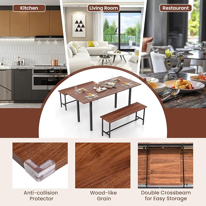 Giantex 3-Piece Dining Table Set for 4-8, 63” Extendable Dining Table with 2 Benches, Metal Frame, Dinette Table Set for Dinner, Breakfast Nook, Kitchen, Living Room, Restaurant, Walnut